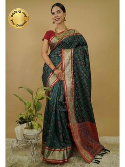 Isadora Life - Womens Printed Tassels Green Pre-Draped Saree With Unstitched Blouse