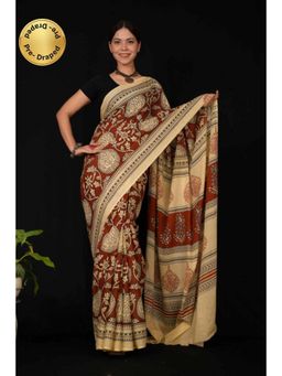Isadora Life - Womens Block Print Maroon Pre-Draped Saree With Unstitched Blouse