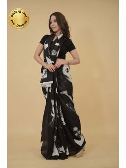 Isadora Life - Womens Printed Black Pre-Draped Saree With Unstitched Blouse