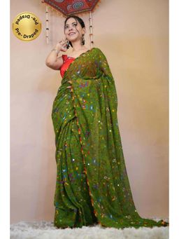 Isadora Life - Womens Printed Tassels Green Pre-Draped Saree With Unstitched Blouse