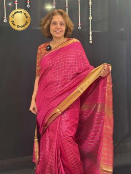 Isadora Life - Womens Checks Zari Pink Pre-Draped Saree With Unstitched Blouse