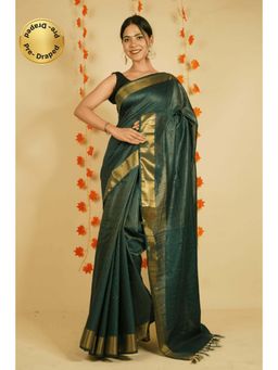Isadora Life - Womens Stripes Zari Green Pre-Draped Saree With Unstitched Blouse