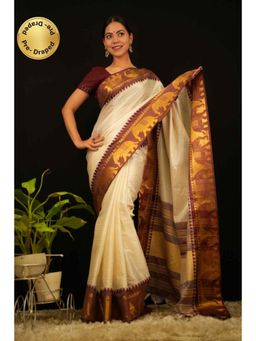 Isadora Life - Womens Checks Zari Ivory Pre-Draped Saree With Unstitched Blouse