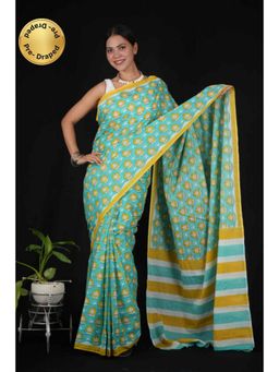 Isadora Life - Womens Printed Blue Pre-Draped Saree With Unstitched Blouse