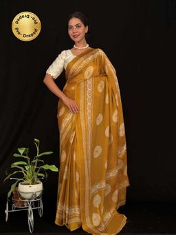Isadora Life - Womens Block Print Mustard Pre-Draped Saree With Unstitched Blouse