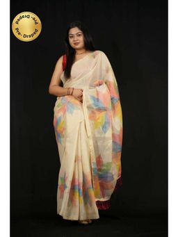 Isadora Life - Womens Printed Beige Pre-Draped Saree With Unstitched Blouse
