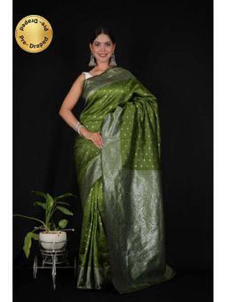 Isadora Life - Womens Woven Zari Green Pre-Draped Saree With Unstitched Blouse