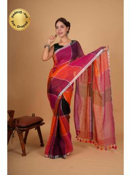 Isadora Life - Womens Woven Tassels Multi-Color Pre-Draped Saree With Unstitched Blouse