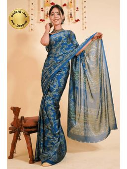 Isadora Life - Womens Floral Printed Blue Pre-Draped Saree With Unstitched Blouse