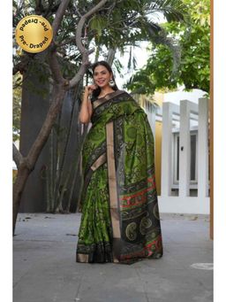 Isadora Life - Womens Printed Green Pre-Draped Saree With Unstitched Blouse