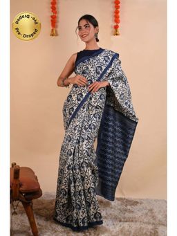 Isadora Life - Womens Printed Indigo Pre-Draped Saree With Unstitched Blouse