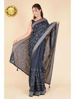 Isadora Life - Womens Embroidered Thread Work Grey Pre-Draped Saree With Unstitched Blouse
