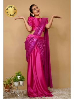 Isadora Life - Womens Sequined Pink Pre-Draped Saree With Unstitched Blouse And Belt