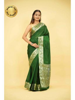 Isadora Life - Womens Woven Zari Green Pre-Draped Saree With Unstitched Blouse
