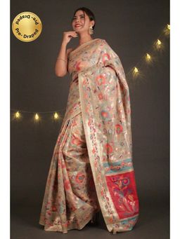 Isadora Life - Womens Printed Beige Pre-Draped Saree With Unstitched Blouse