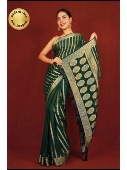 Isadora Life - Womens Woven Tassels Green Pre-Draped Saree With Unstitched Blouse