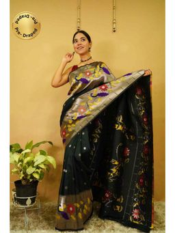 Isadora Life - Womens Floral Woven Green Pre-Draped Saree With Unstitched Blouse