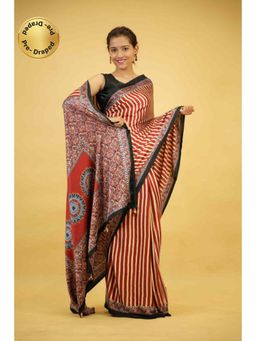 Isadora Life - Womens Printed Stripes Red Pre-Draped Saree With Unstitched Blouse