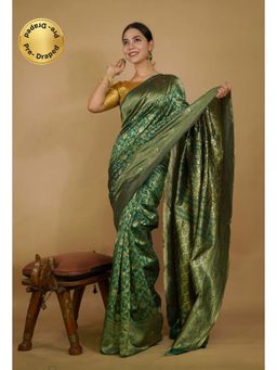 Isadora Life - Womens Woven Zari Green Pre-Draped Saree With Unstitched Blouse