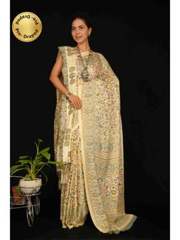 Isadora Life - Womens Floral Printed Cream Pre-Draped Saree With Unstitched Blouse