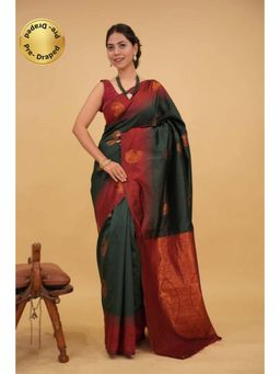 Isadora Life - Womens Paisley Zari Green Pre-Draped Saree With Unstitched Blouse