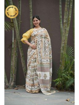 Isadora Life - Womens Floral Printed White Pre-Draped Saree With Unstitched Blouse