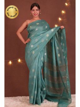 Isadora Life - Womens Woven Tassels Blue Pre-Draped Saree With Unstitched Blouse