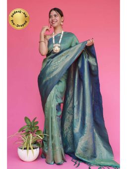 Isadora Life - Womens Embroidered Tassels Blue Pre-Draped Saree With Unstitched Blouse