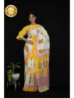 Isadora Life - Womens Floral Printed White Pre-Draped Saree With Unstitched Blouse