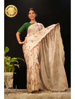 Isadora Life - Womens Floral Embroidered Beige Pre-Draped Saree With Unstitched Blouse