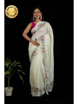 Isadora Life - Womens Floral Embroidered White Pre-Draped Saree With Unstitched Blouse