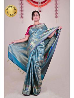 Isadora Life - Womens Woven Tassels Blue Pre-Draped Saree With Unstitched Blouse