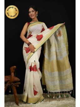 Isadora Life - Womens Woven Tassels White Pre-Draped Saree With Unstitched Blouse