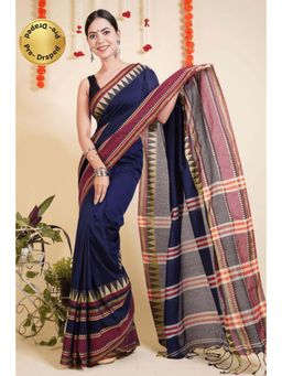 Isadora Life - Womens Woven Tassels Navy Blue Pre-Draped Saree With Unstitched Blouse