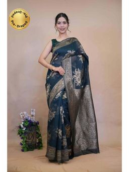 Isadora Life - Womens Woven Zari Blue Pre-Draped Saree With Unstitched Blouse