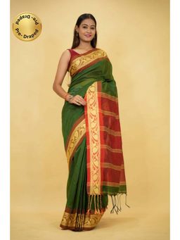 Isadora Life - Womens Woven Tassels Green Pre-Draped Saree With Unstitched Blouse
