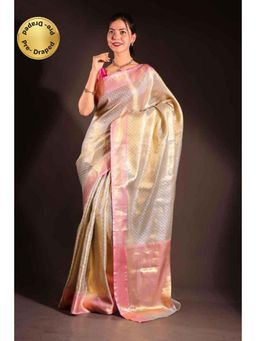 Isadora Life - Womens Woven Zari Beige Pre-Draped Saree With Unstitched Blouse