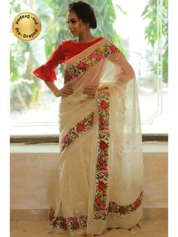 Isadora Life - Womens Floral Embroidered Beige Pre-Draped Saree With Unstitched Blouse