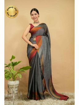 Isadora Life - Womens Printed Grey Pre-Draped Saree With Unstitched Blouse