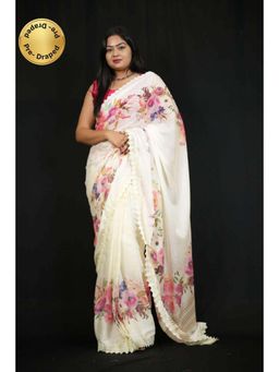 Isadora Life - Womens Embroidered Lace Work White Pre-Draped Saree With Unstitched Blouse