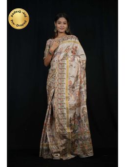 Isadora Life - Womens Printed Off White Pre-Draped Saree With Unstitched Blouse
