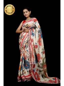 Isadora Life - Womens Floral Printed White Pre-Draped Saree With Unstitched Blouse