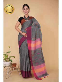 Isadora Life - Womens Woven Tassels Grey Pre-Draped Saree With Unstitched Blouse
