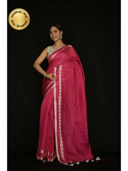 Isadora Life - Womens Solid Tassels Pink Pre-Draped Saree With Unstitched Blouse