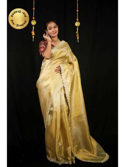 Isadora Life - Womens Sequined Zari Gold Pre-Draped Saree With Unstitched Blouse