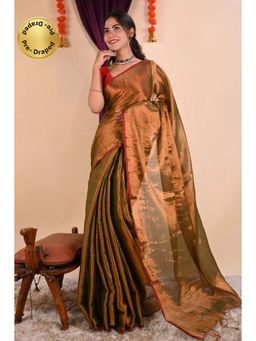 Isadora Life - Womens Solid Tassels Copper Pre-Draped Saree With Unstitched Blouse