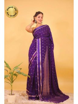 Isadora Life - Womens Woven Zari Purple Pre-Draped Saree With Unstitched Blouse