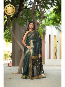 Isadora Life - Womens Woven Zari Green Pre-Draped Saree With Unstitched Blouse
