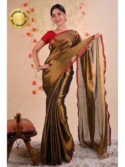 Isadora Life - Womens Solid Tassels Gold Pre-Draped Saree With Unstitched Blouse