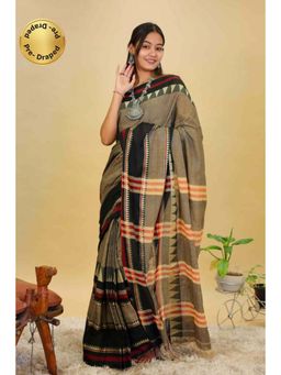Isadora Life - Womens Woven Tassels Grey Pre-Draped Saree With Unstitched Blouse